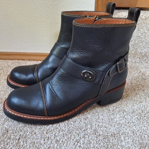 Coach Womens Black Leather  Moto Bootie Side Zip Heeled Size 8.5 - Picture 1 of 11